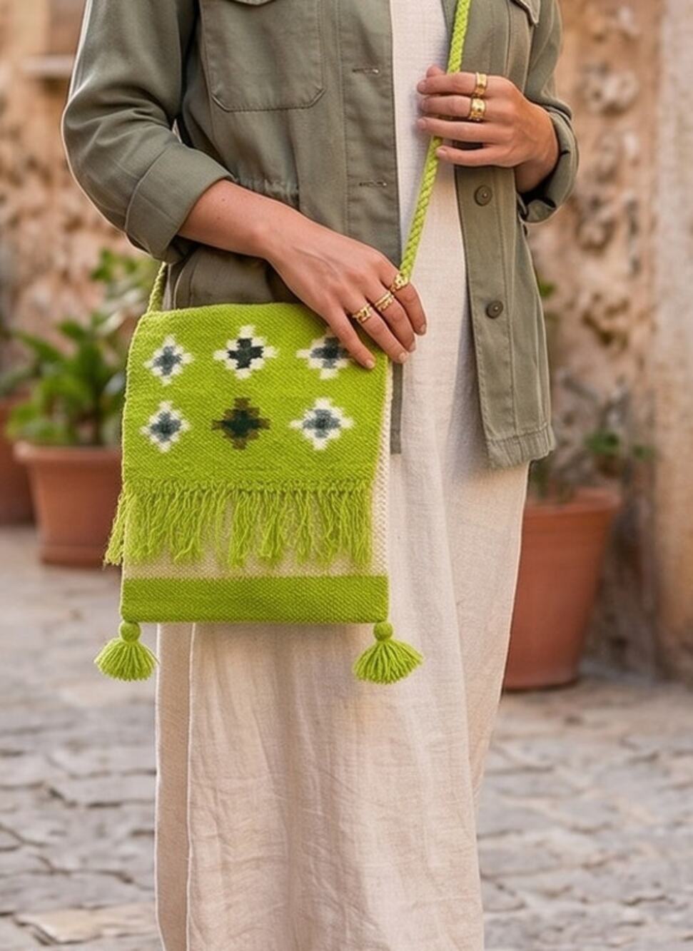 Felted Sheep Purse Handbag Bag Flap Green Cream Fringe Tassel Handmade